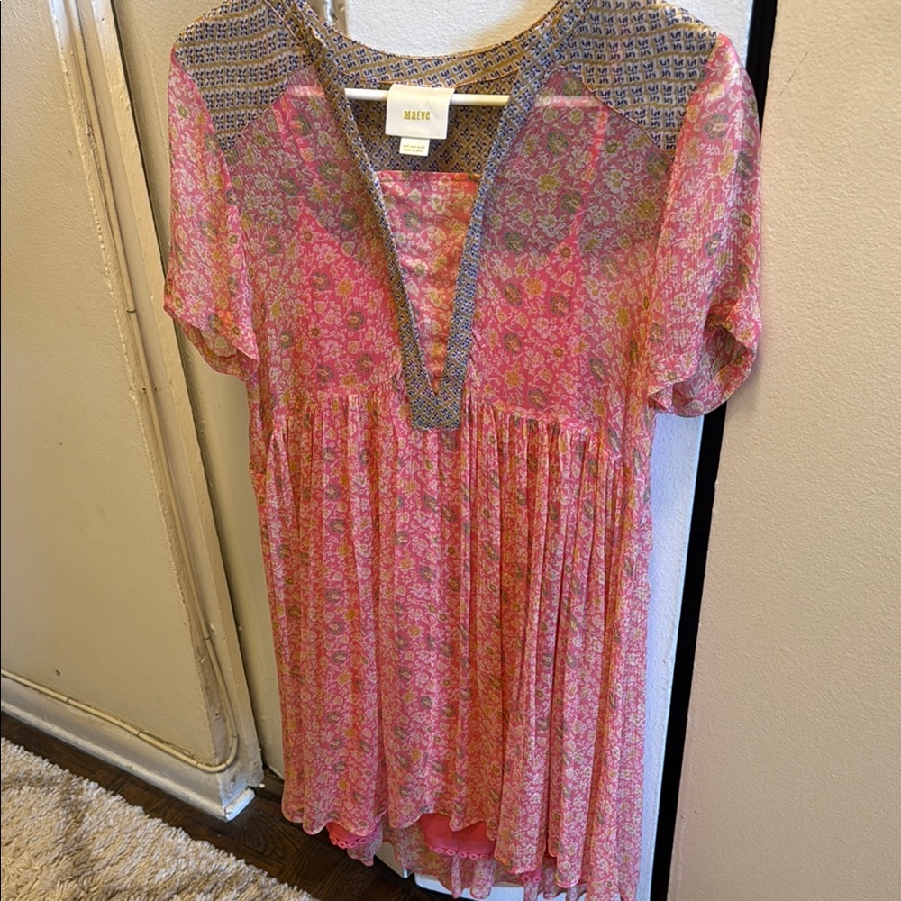 Anthropologie Pink Smocked Bib Collar Tunic